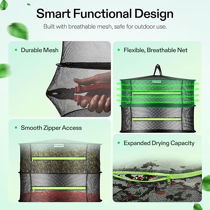 VIVOSUN 2-Layer Mesh Drying Rack Hanging Design with Green Zippers for Dehydrating, Indoor and Outdoor Pruning Shears Included