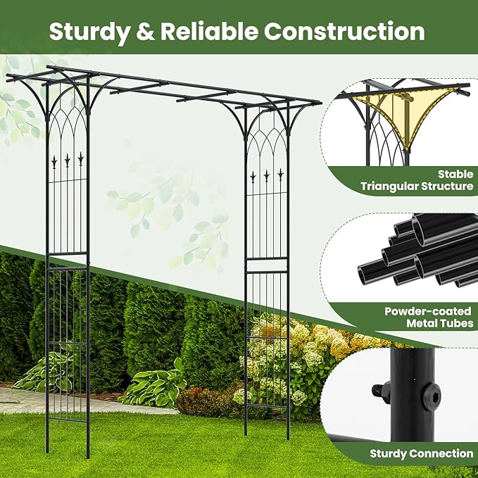 Giantex Metal Garden Arbor with Trellis, 81" Outdoor Arch for Climbing Plants, Heavy-Duty Rust-Resistant Steel Archway with 4 Stakes for Garden, Wedding, Party, and Yard Decoration, Black
