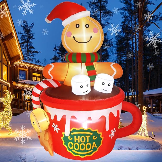 Gardentime 6FT Christmas Gingerbread Man Inflatables Outdoor Decoration Hot Cocoa Cup Cute Giant Xmas Blowups with Built-in LED Lights for Holiday Indoor Yard Lawn Garden Outside Home Décor