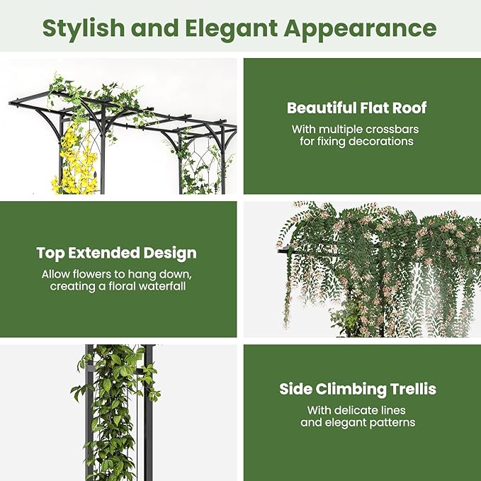Moccha Garden Arbor, 6.8FT Metal Arbor Trellis for Climbing Plants, Roses, Vines, Outdoor Pergola with Trellises & Extended Roof, Garden Arch for Wedding Ceremony Decoration Lawn Patio Archway