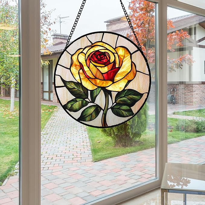 Stained Glass Window Hanging - Elegant Yellow Rose Flower Sun Catcher for Door Garden Home Decor Suncatcher Christmas Mother's Day Birthday Gifts for Women Mom Girl Nana Friend 11.8 in