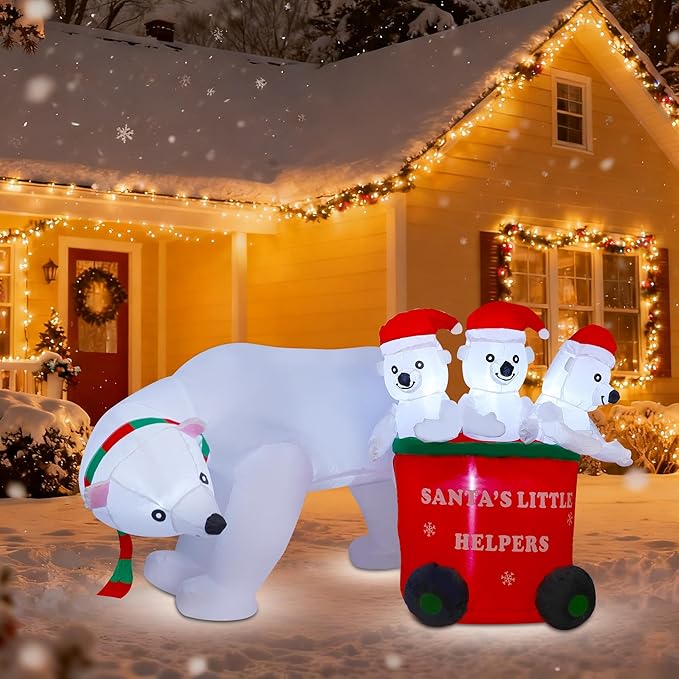 DR.DUDU 7 FT Christmas Inflatables Polar Bear with Santa Hat, Christmas Bear Blow up Outdoor Decorations for Lawn Garden Yard Xmas Holiday Party