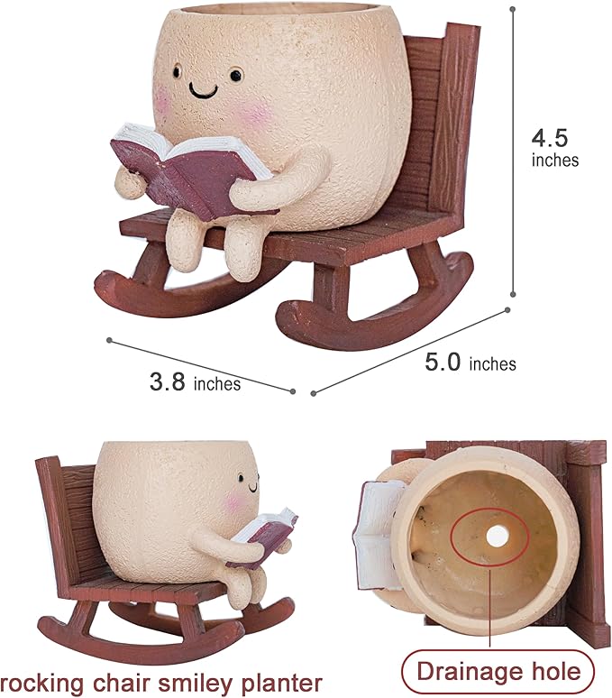 Rocking Chair Smiley Face Planter,Cute Plant Pots for Indoor Outdoor Plants,Succulent Pots with Drainage Hole,Unique Funny Flower Pot for Succulents,Plant Gifts for Mother's Day, Birthday, Christmas
