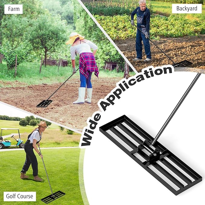 36" x 10" Lawn Leveling Rake, Heavy Duty Landscape Rake with 67" Handle, Non-Slip Grip & Flat Head, Space-Saving Lawn Level Tool for Garden, Backyard, Golf Course & Sports Field(Black)