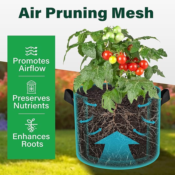 LotFancy 5-Pack 10 Gallon Grow Bags, Thickened Nonwoven Aeration Fabric Pots with Reinforced Handles, Heavy Duty Gardening Planter Containers for Vegetables Flowers Fruits, Black