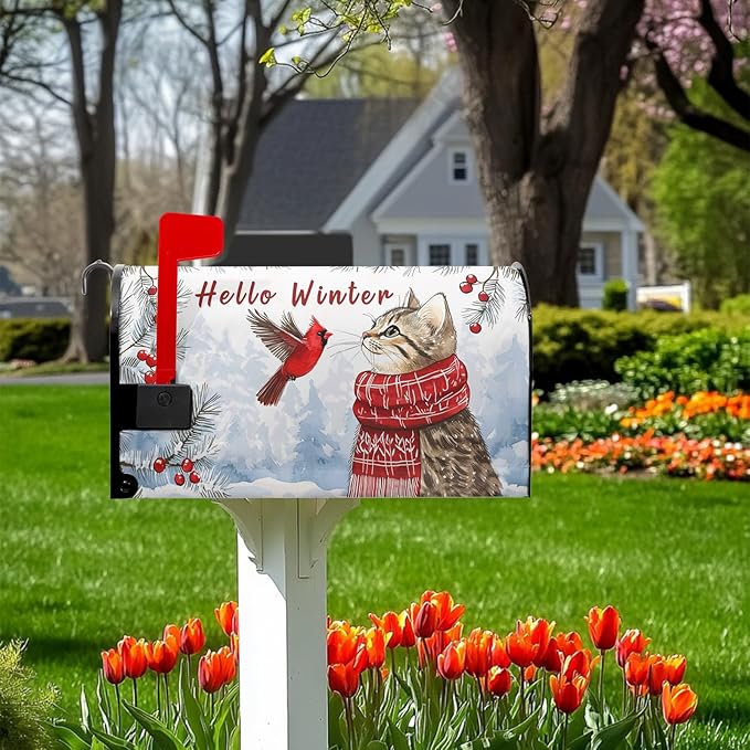 Hello Winter Cat Mailbox Cover Cardinal Bird Mailbox Covers Magnetic Snow Snowflake Post Letter Box Cover Standard Size 21x18 inch for Garden Outdoor Yard Decor