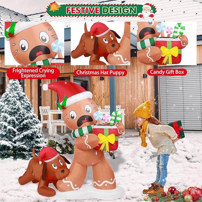 5FT Christmas Inflatable Gingerbread Man & Dog Outdoor Decoration, Christmas Funny Blow Up Yard Decoration, Built-in LED Lights Inflatables Xmas Holiday Décor for Indoor Lawn Garden