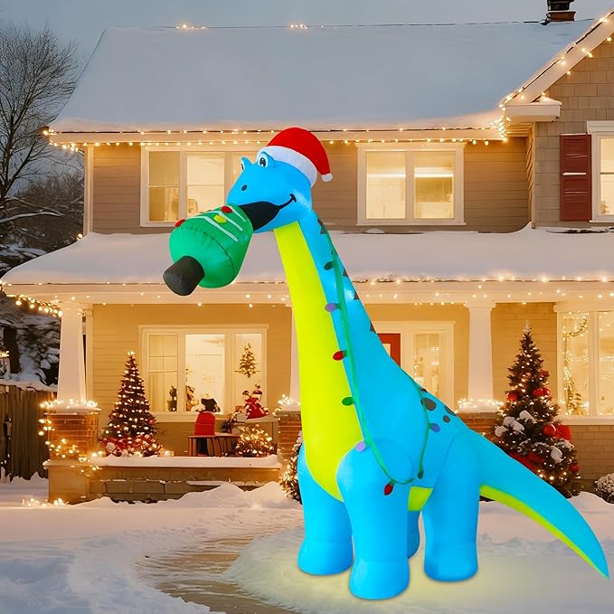DR.DUDU 12 FT Christmas Inflatable Outdoor Decorations, Large Blow Up Dinosaur Inflatables with Santa Hat Christmas Tree Light up Giant Xmas Holiday Decor for Yard Lawn Garden Outside