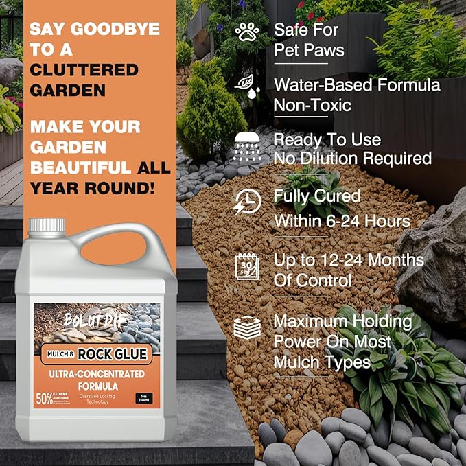 34 OZ Mulch Glue for Landscaping, Rock Glue for Landscaping and Stabilizing Mulch and Pea Gravel, Lasts up to 3 Years, Non Toxic, Fast Drying, Ready to Use