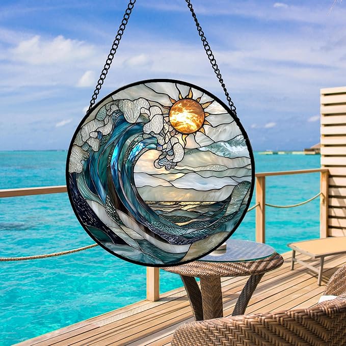 Stained Glass Window Hanging, Blue and White Waves Suncatcher Diamond Glass Panel Landscape Sun Catchers Decor for Birthday for Women, Men, Wife, Aunt, and Mom 11.8x11.8 in