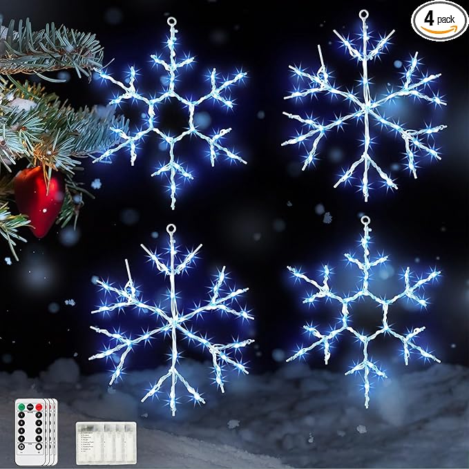 Tuanse 4 Pcs Christmas Silhouette Window Lights Christmas Snowflake Lights with Remote Control LED Lighted Snowflake Decorations Xmas for Window Wall (Blue)