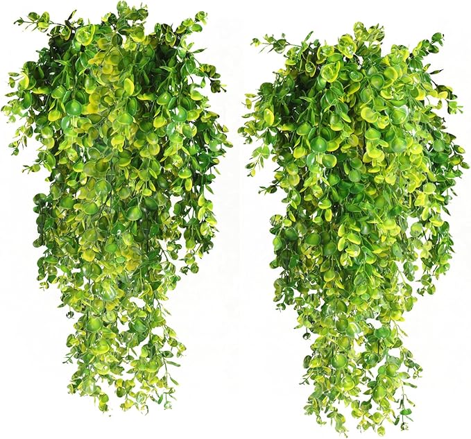 RECUTMS 4 Pack Artificial Plants Artificial Hanging Plants Faux Eucalyptus Leaf Greenery Fake Hanging Eucalyptus Plant for Wall House Room Patio Indoor Outdoor Home Shelf Office Decor (Yellow)
