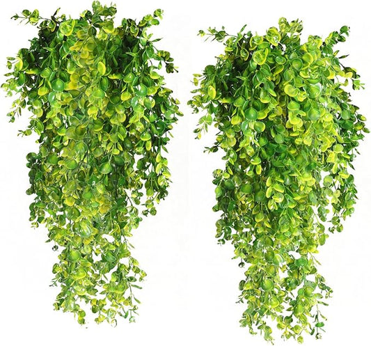 RECUTMS 4 Pack Artificial Plants Artificial Hanging Plants Faux Eucalyptus Leaf Greenery Fake Hanging Eucalyptus Plant for Wall House Room Patio Indoor Outdoor Home Shelf Office Decor (Yellow)