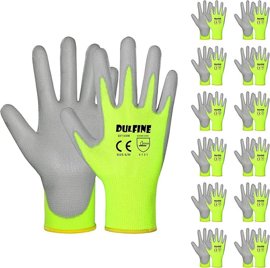 Safety Work Gloves for Men PU Coated 12 Pairs Bulk Pack,Hi-Vis Yellow Seamless Knit Glove with thin Polyurethane Coated Smooth Grip on Palm & Fingers,Ideal for General Duty Work (Medium)