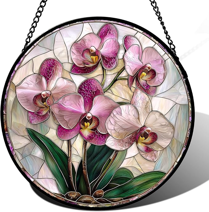 Stained Glass Window Hanging - Pink Purple Phalaenopsis Flowers Sun Catcher for Door Home Decor Plant Suncatcher Christmas Mother's Day Birthday Gifts for Women Men Mom Nana 15 in