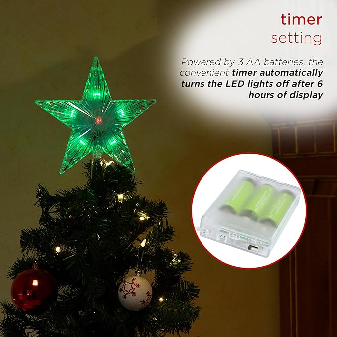 Alpine Corporation 8" H Flashing 5-Point Star Tree Topper with 31 Multi-Colored LED Lights, Christmas Decoration