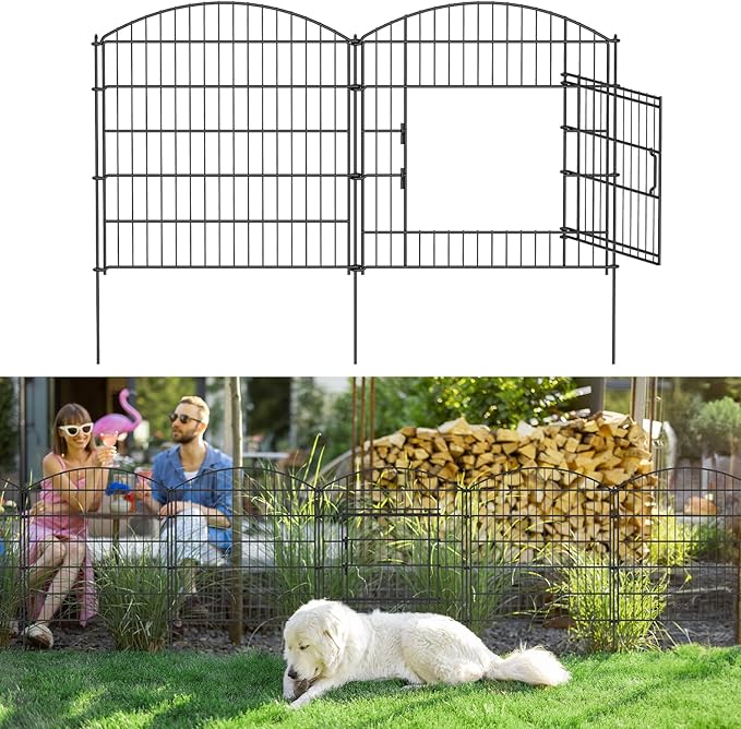 10 Panels Tall Decorative Garden Fence with Gate, 23.6ft(L) x31.5in(H) Animal Barrier Fence for Dogs, Tall Metal Fencing Panels for Yard, Rustproof Steel Border for Garden, Patio, Lawn