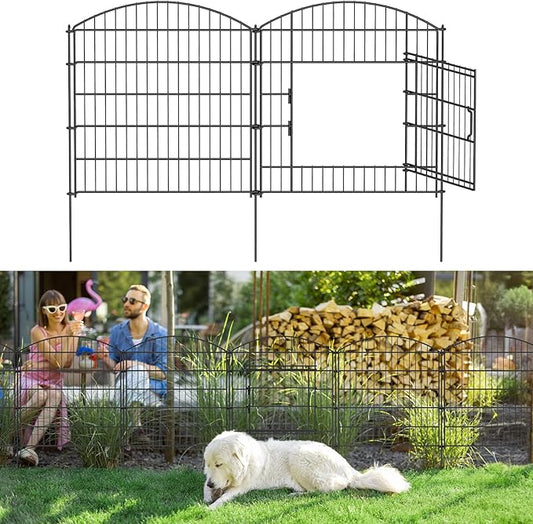 10 Panels Tall Decorative Garden Fence with Gate, 23.6ft(L) x31.5in(H) Animal Barrier Fence for Dogs, Tall Metal Fencing Panels for Yard, Rustproof Steel Border for Garden, Patio, Lawn