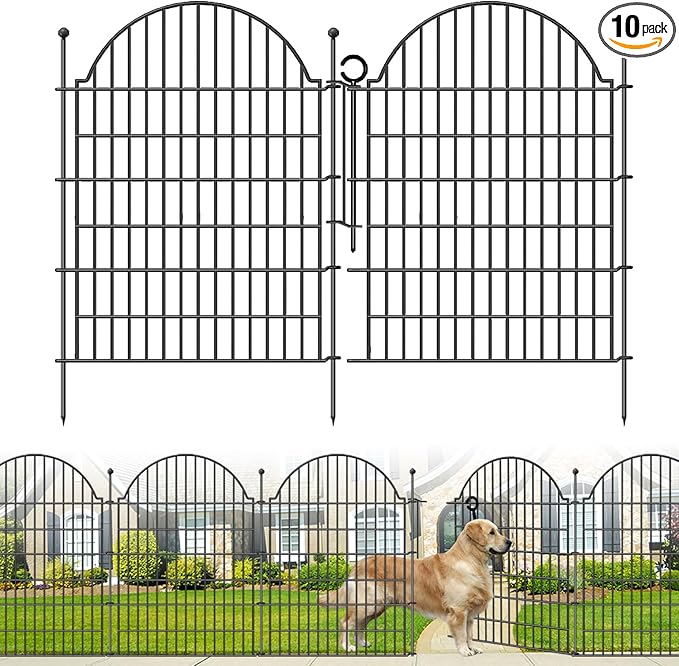 Decorative Metal Garden Fence with Gate Lock 10 Panels, 40in (H) x 23.6ft (L) No Dig Dog Fence Outdoor for Yard, Temporary Rustproof Metal Wire Rabbit Dog Garden Border Fencing for Patio
