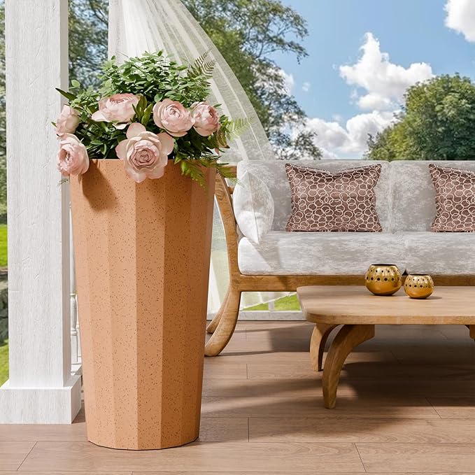 23.6" Tall Planters for Outdoor Plants, Rust Large Outdoor Planters for Porch Decor with Drainage Hole, Wide Stripe Flower Pots Fits Indoor Plants Patio/Garden, Plastic Terracotta (2 Pack)