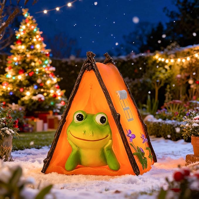 Solar Frog Garden Statues Outdoor Decor, Resin Outdoor Tent Statues with Solar Light , Yard Decorations Outdoor for Patio, Porch, Balcony, Lawn Ornaments, Housewarming Birthday Gifts for Mom Women