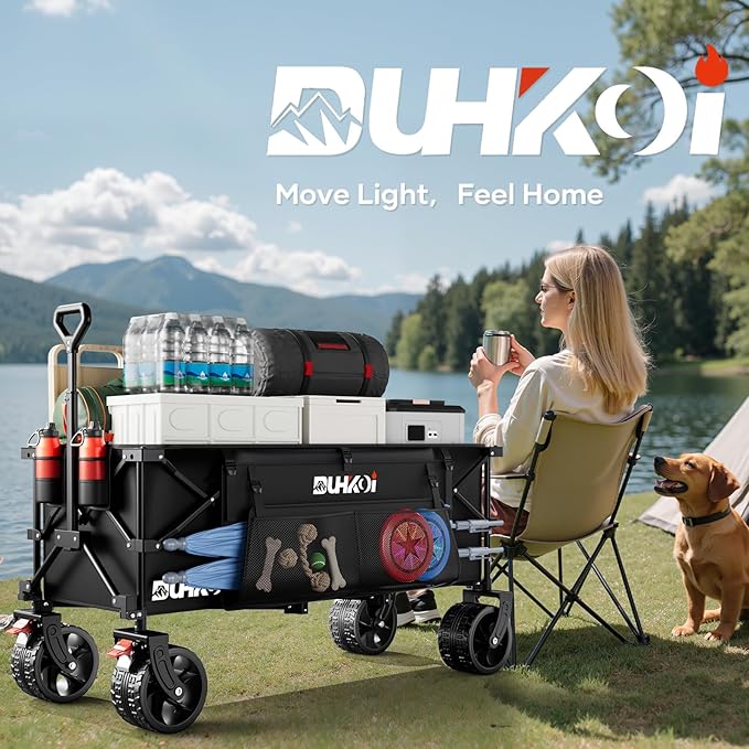 49" L Collapsible Extended Wagon with 500lbs Weight Capacity,300L Heavy Duty Sports Wagon,Big All-Terrian Wheels with Cup Holders,Cart for Sports,Grocery,Shopping