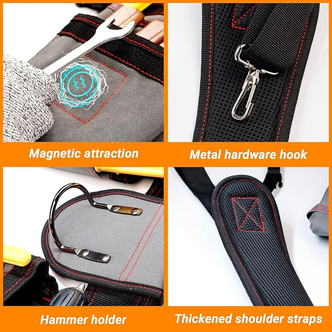 Tool Belt With Suspenders, Professional Tool Belt for Men, Magnetic Tool Belts With Suspenders, 18 Pockets Heavy Duty Detachable Adjustable Tool Belts for Electrician, Carpenter (Grey, 32''-66'')