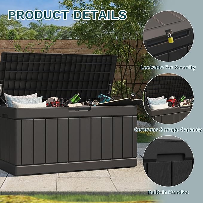 Patiolife 85 Gallon Resin Deck Box, Wood Like Outdoor Storage Box for Garden Tools, Pool Supplies, Waterproof and Lockable, Black