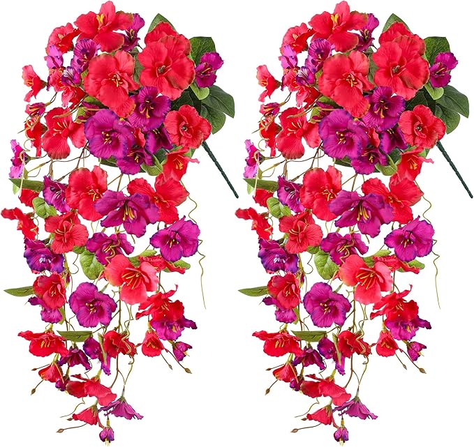 Artificial Hibiscus Fake Hanging Flowers Plants for Outdoors Spring Decoration, 2pcs Faux Silk Outside Hibiscus Long Trailing Vines Realistic UV Resistant for Front Door Planter Porch Patio Yard Urn