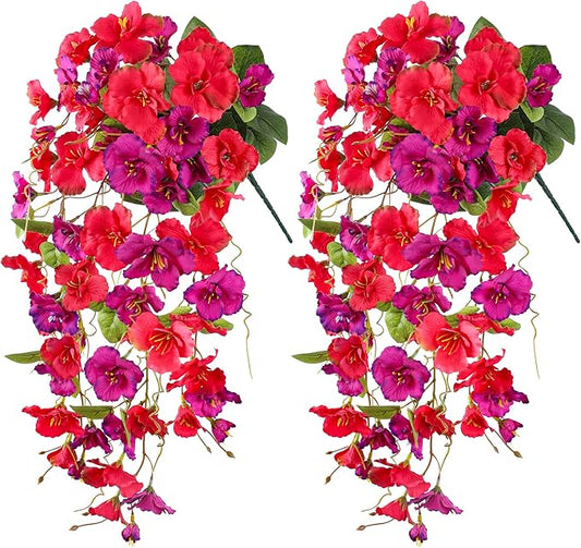 Artificial Hibiscus Fake Hanging Flowers Plants for Outdoors Spring Decoration, 2pcs Faux Silk Outside Hibiscus Long Trailing Vines Realistic UV Resistant for Front Door Planter Porch Patio Yard Urn
