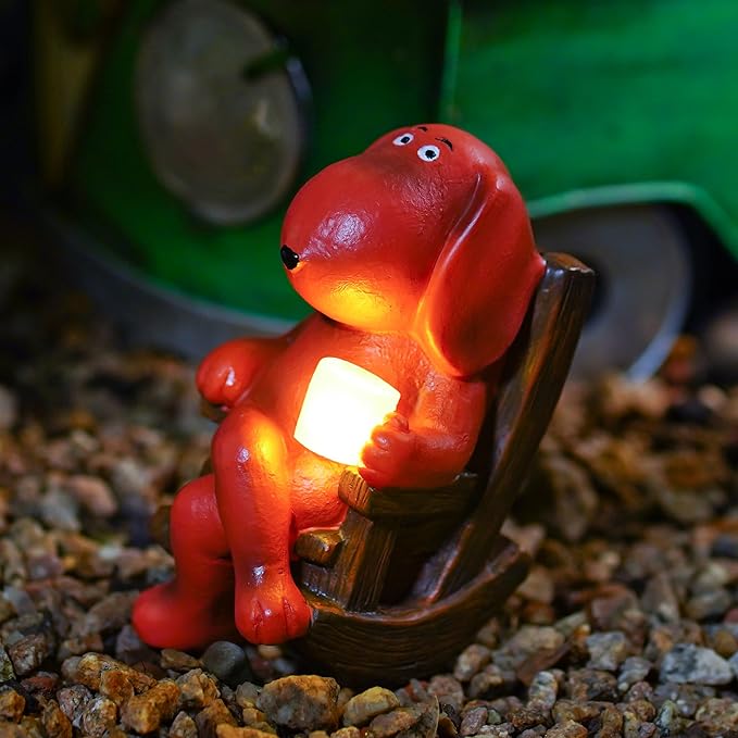 Dog Solar Statue Drinking Coffee Statue Decoration with Solar Light Figurine Ornament for Indoor Outdoor Home Patio Yard Lawn