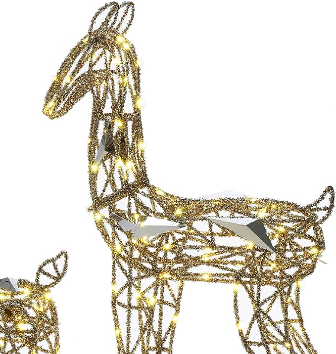 LuxenHome 3PCs Reindeer Christmas Decoration, Gold Reindeer Family with Glitter, 260 LED Lights, Indoor & Outdoor Lighted Christmas Decorations for Lawn, Front Porch, Xmas Holiday Yard Display