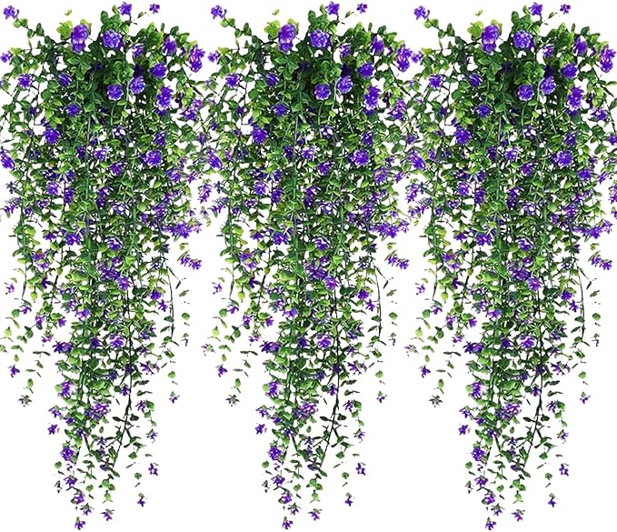 Artificial Hanging Flowers, 3 Pcs Fake Hanging Plants Artificial Vines for Outdoors, Fake Ivy Vine UV Resistant No Fade Faux Plants for Indoor Outside Garden Patio Yard Greenery Decoration (Purple)