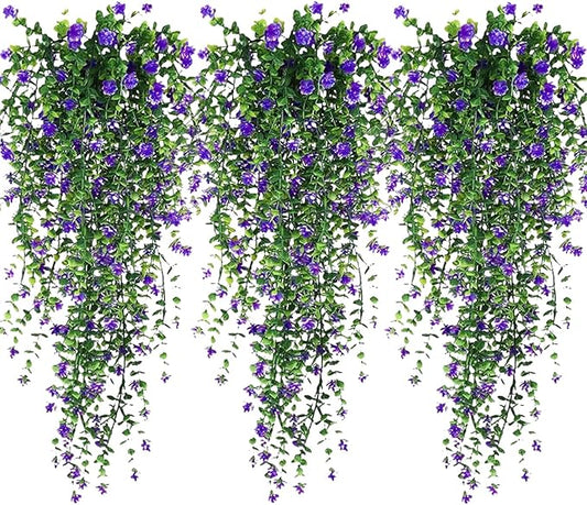 Artificial Hanging Flowers, 3 Pcs Fake Hanging Plants Artificial Vines for Outdoors, Fake Ivy Vine UV Resistant No Fade Faux Plants for Indoor Outside Garden Patio Yard Greenery Decoration (Purple)