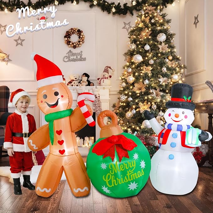 5 FT Christmas Inflatable Outdoor Decorations, Inflatable Snowman and Gingerbread Man with Christmas Ball Built-in LED Lights Blow Up Yard Decorations for Holiday Indoor Outdoor Party Garden Lawn