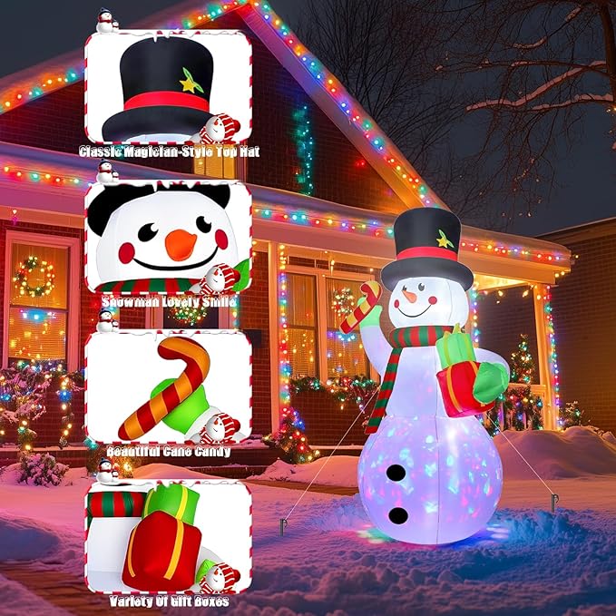 8 FT Christmas Inflatable Decoration Snowman with Built-in Rotating Colorful LED Blow Up Christmas Snow Man for Yard Supplies Giant Xmas Party Decor Holiday Décor for Outdoor Garden Lawn