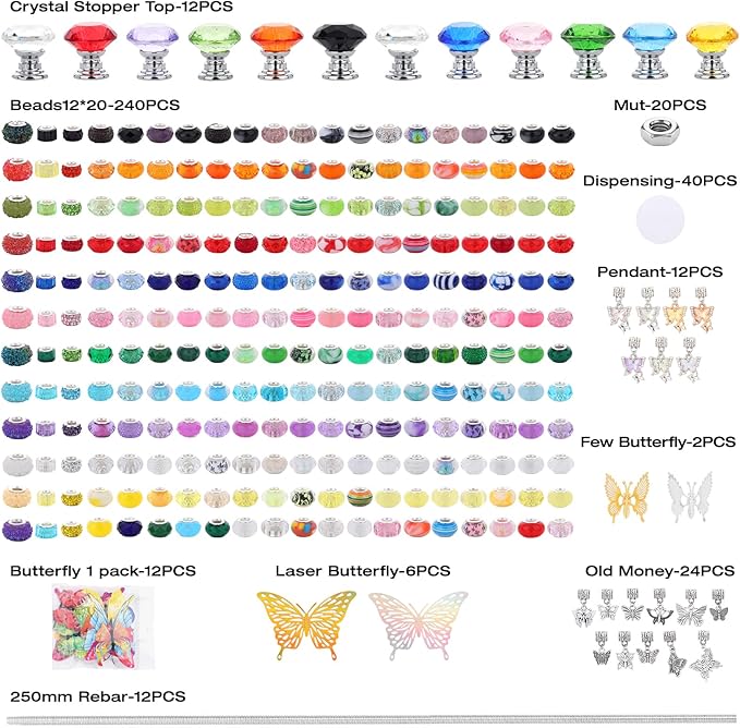 Beaded Garden Stake, DIY Fairy Wand Beaded Decorative Butterfly Garden Stake Kit with 12IN Threaded Rod Crystal Stopper Top Large Holes Beads Butterfly Decoration Pendants Outdoor Fairy Garden kit