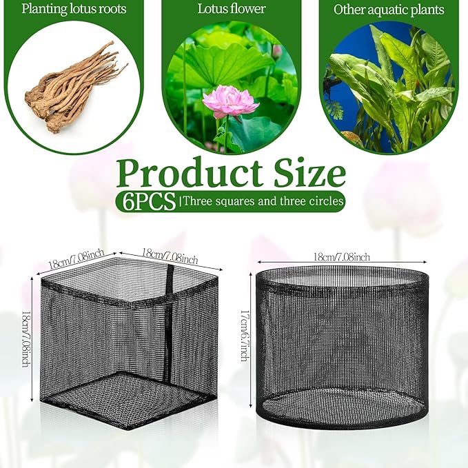 6 Pcs Aquatic Planting Bags, 3 Round and 3 Square 7.1" Reusable Mesh Water Gardens Plant Pots, Aquatic Plants Growing Container with Handles, Breathable Lily Pots for Bog and Terrestrial Plants