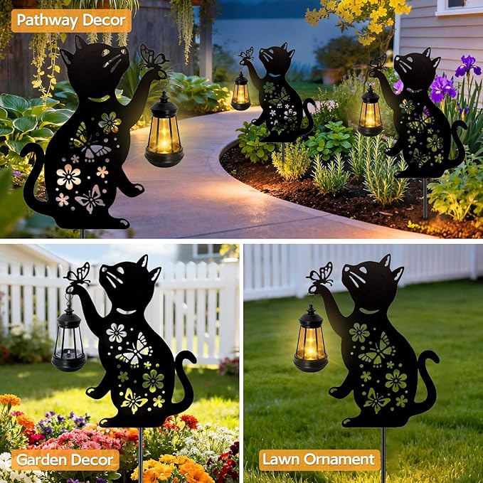 ANGMLN Cat Outdoor Solar Lantern Waterproof, Birthday Gifts for Christmas Women Mom, Solar Hanging Lights with Butterfly, Black Cat Metal Figurine Garden Decor Patio Yard Pathway Backyard Ornaments