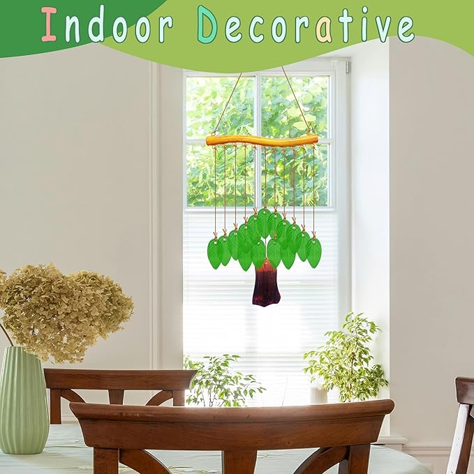 Leaf Shape Glass Wind Chimes for Outside Decoration, Green Tree Windchimes Outdoors Unique, Handcrafted Suncatcher Glass Art Wind Chimes Outdoor Gifts for Women, Hanging Outdoor Garden Decor
