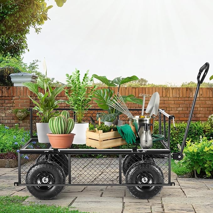 Homdox 880LB Heavy Duty Garden Cart on Wheels, Professional Utility Wagon with 180° Rotating Handle, Foldable Mesh Sides for Landscaping, Yard Work, Farming, Camping & Outdoor Projects