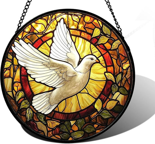 Stained Glass Window Hanging, Flying White Dove Sun Catchers Diamond Glass Panel Hangings Cute Birds Suncatcher Decor for Birthday for Women, Men, Wife, Aunt, and Mom 9.8X9.8 in