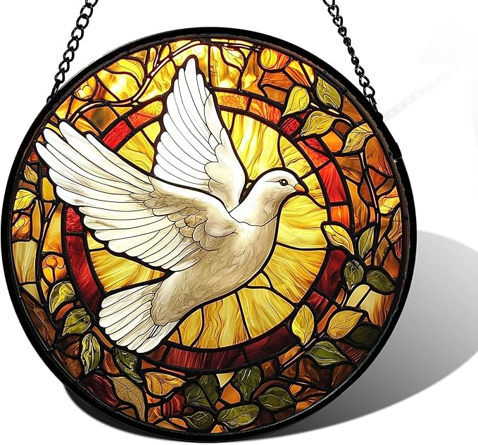 Stained Glass Window Hanging, Flying White Dove Sun Catchers Diamond Glass Panel Hangings Cute Birds Suncatcher Decor for Birthday for Women, Men, Wife, Aunt, and Mom 6.3 in