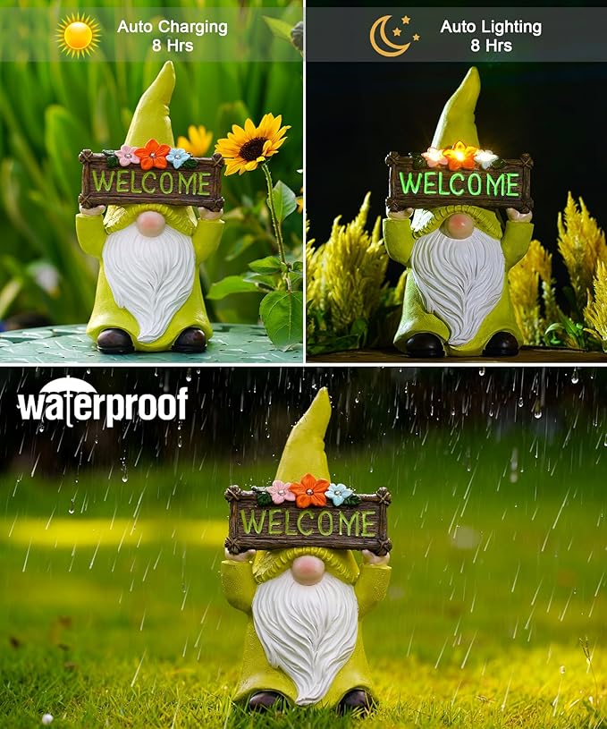 Nacome Solar Gnome Statue for Garden Decor: Outside Sculpture with Flower Welcome Sign Clearance for Yard Art Lawn Ornaments Porch Patio Balcony - Birthday Gifts for Grandma Mom Women(Green)
