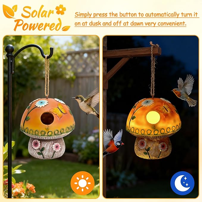 Solar Birdhouse for Outdoor Hanging, Mushroom Bird House with Lights Outside, Resin Garden Statue Decorative Nesting Box for Chick Blue Bird Hummingbird Woman Gifts for Yard Patio