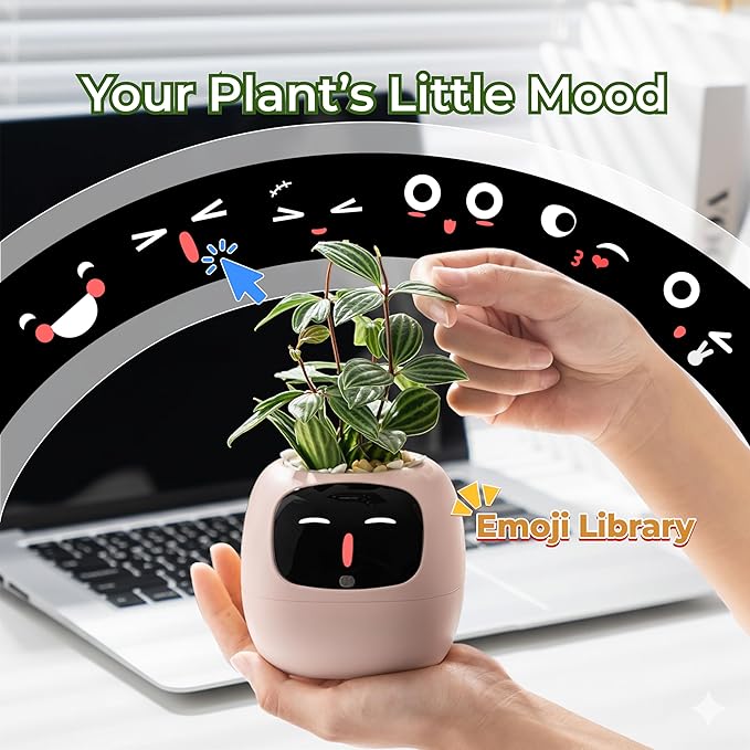 Ivy AI Smart Plant Pot with Emoji Intelligent Planter Robot for Houseplants Tamagotchi Flower Pot Stylish Plantagotchi Home Decor(Blush)