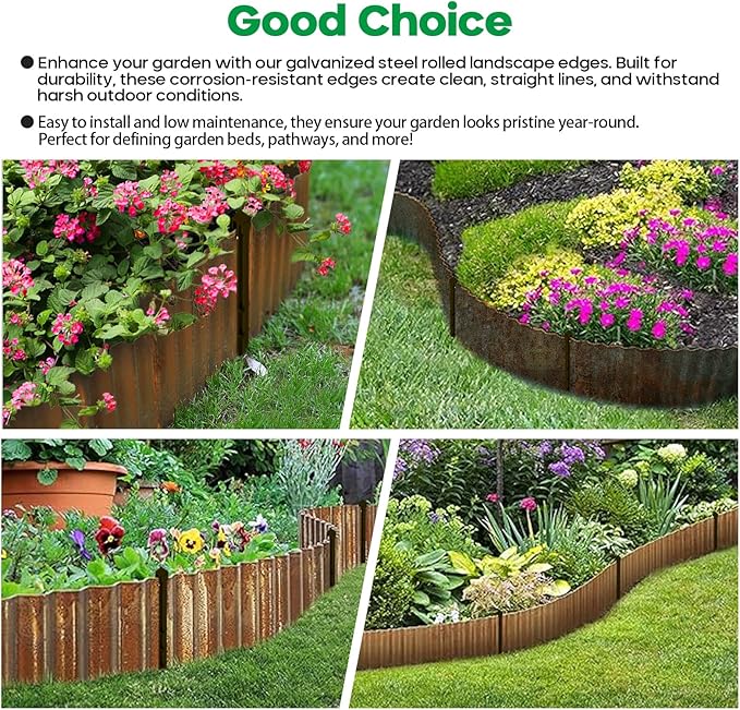 Corrugated Metal Garden Edging,Sturdy Tall Landscape Edging Borders with 6pcs Anchor Stakes, Perfect DIY for Flower Beds, Lawn and Pathway,Tree Surrounds,Paver Edges (Pre-Rusted 10"×20FT)