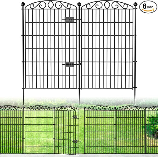 Decorative Garden Fence 6 Panel with Gate - 42in H x 12.78ft L, No Dig Rustproof Metal Tall Animal Barrier for Dogs Rabbits, Outdoor Border for Yard, Patio, and Flower Beds