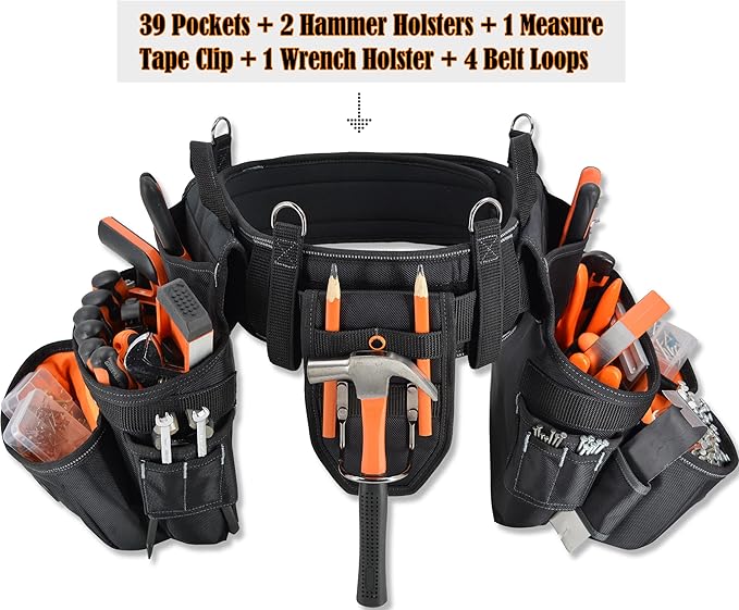 WELKINLAND 39Pockets Tool Belts for Men with Suspenders, 4" Padded Toolbelt, Tool Belt with Suspenders, Black W/Orange, One Size (38"-48")