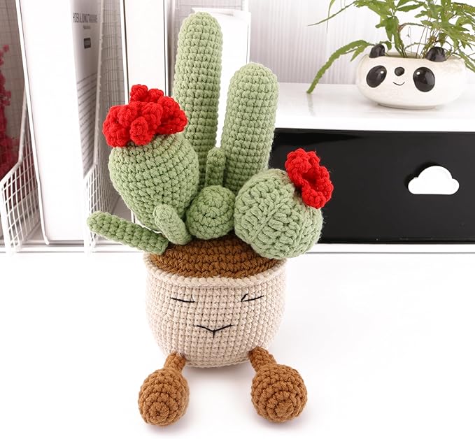 Crochets Cactus Plants, Hand-Knitted Succulents with Emotional Support Wool are Suitable for Refueling Gifts, Home Office Table Dining Room Classroom Decoration and Photography Props (Red)